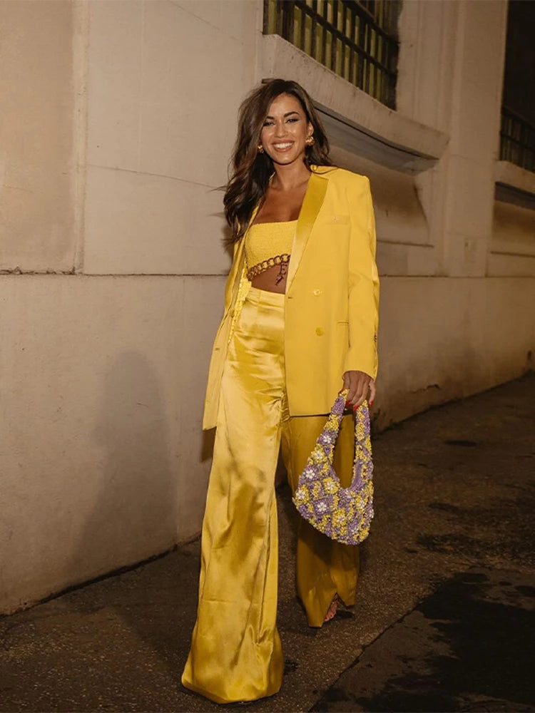 Yellow Satin Two-Piece Blazer Pants Set