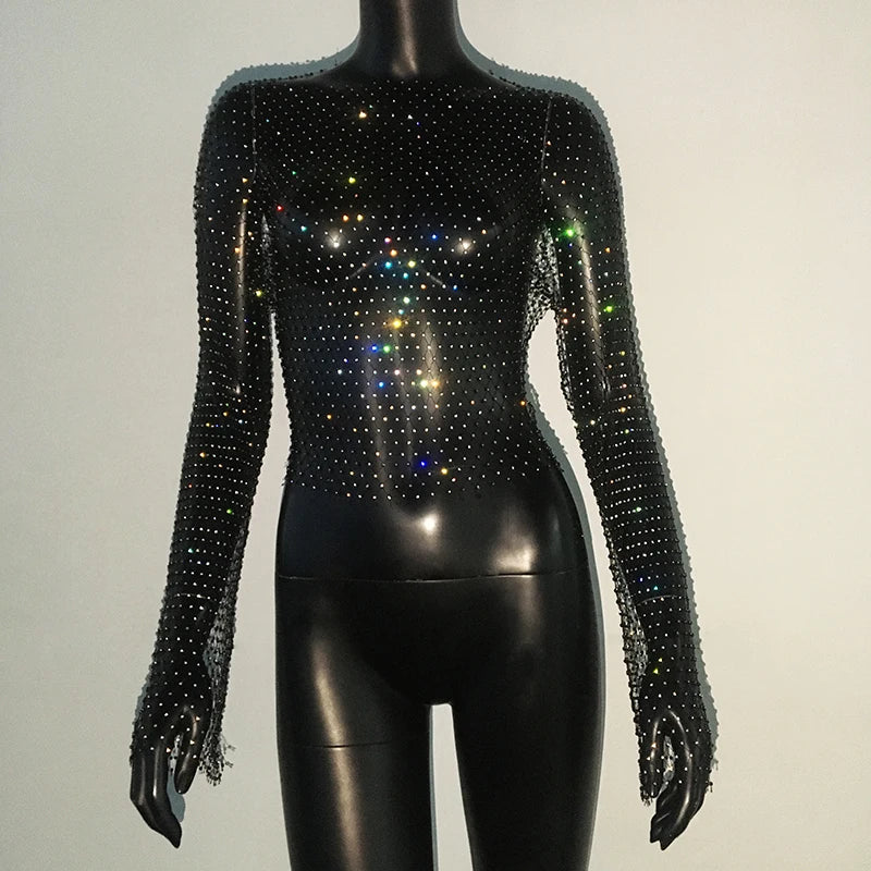 Sexy Rhinestone Mesh See-Through Long Sleeve Crop Top