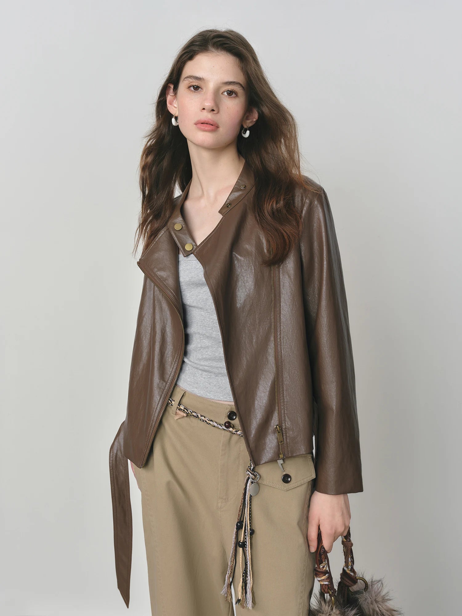 Dark Brown Women’s Slim PU Leather Jacket