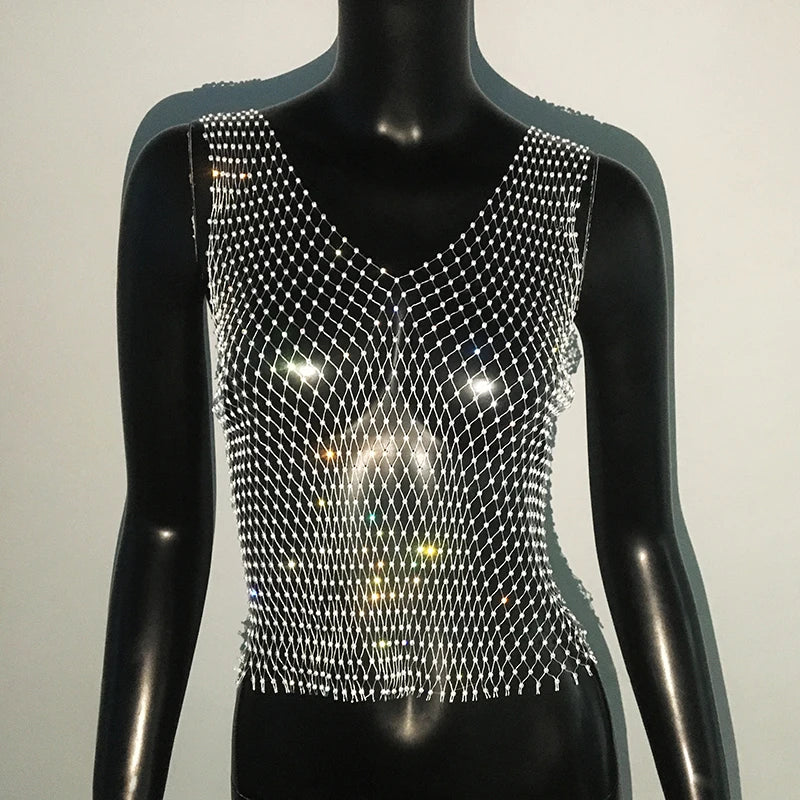 Sexy Rhinestone Mesh See-Through Long Sleeve Crop Top