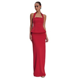 Red Halter Sexy Maxi Skirt Two-Piece Set