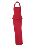 Red Halter Sexy Maxi Skirt Two-Piece Set