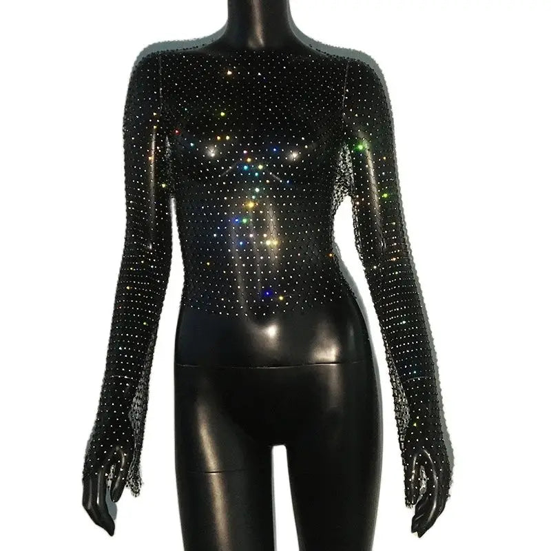 Sexy Rhinestone Mesh See-Through Long Sleeve Crop Top