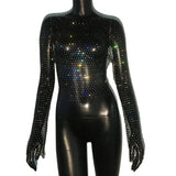 Sexy Rhinestone Mesh See-Through Long Sleeve Crop Top