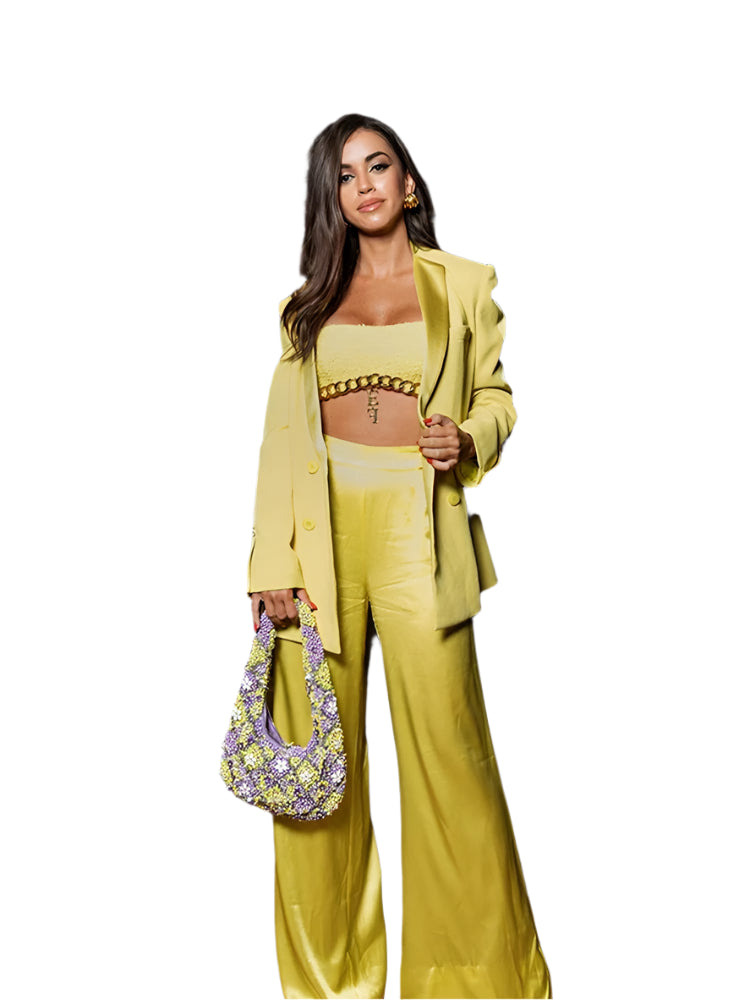 Yellow Satin Two-Piece Blazer Pants Set