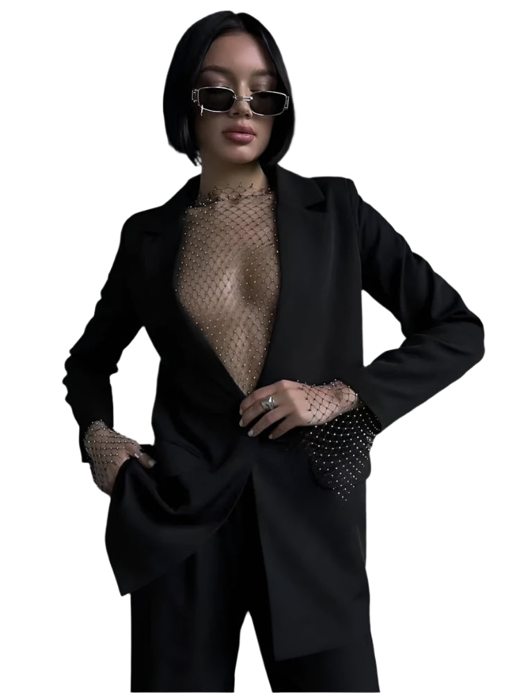 Sexy Rhinestone Mesh See-Through Long Sleeve Crop Top