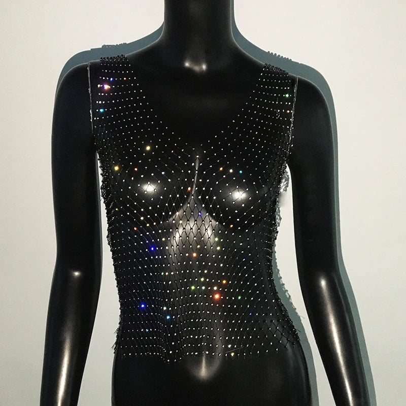 Sexy Rhinestone Mesh See-Through Long Sleeve Crop Top