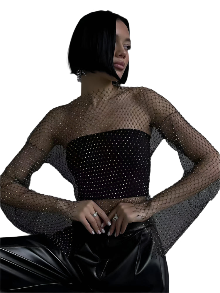 Sexy Rhinestone Mesh See-Through Long Sleeve Crop Top