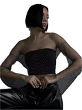 Sexy Rhinestone Mesh See-Through Long Sleeve Crop Top