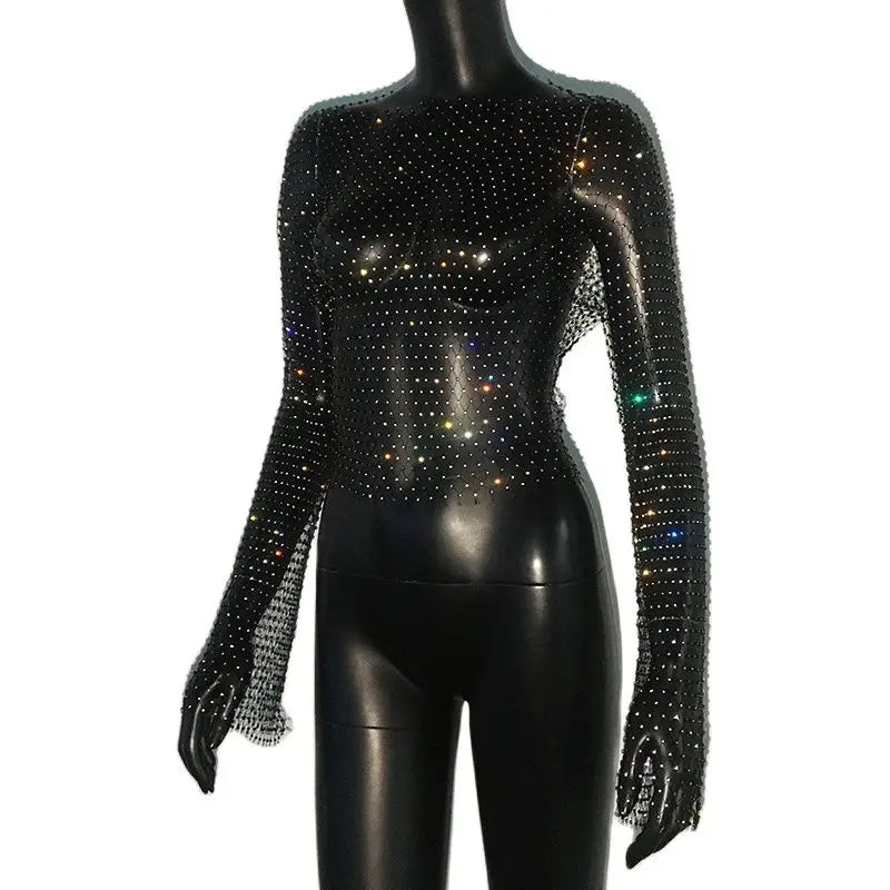 Sexy Rhinestone Mesh See-Through Long Sleeve Crop Top