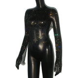 Sexy Rhinestone Mesh See-Through Long Sleeve Crop Top