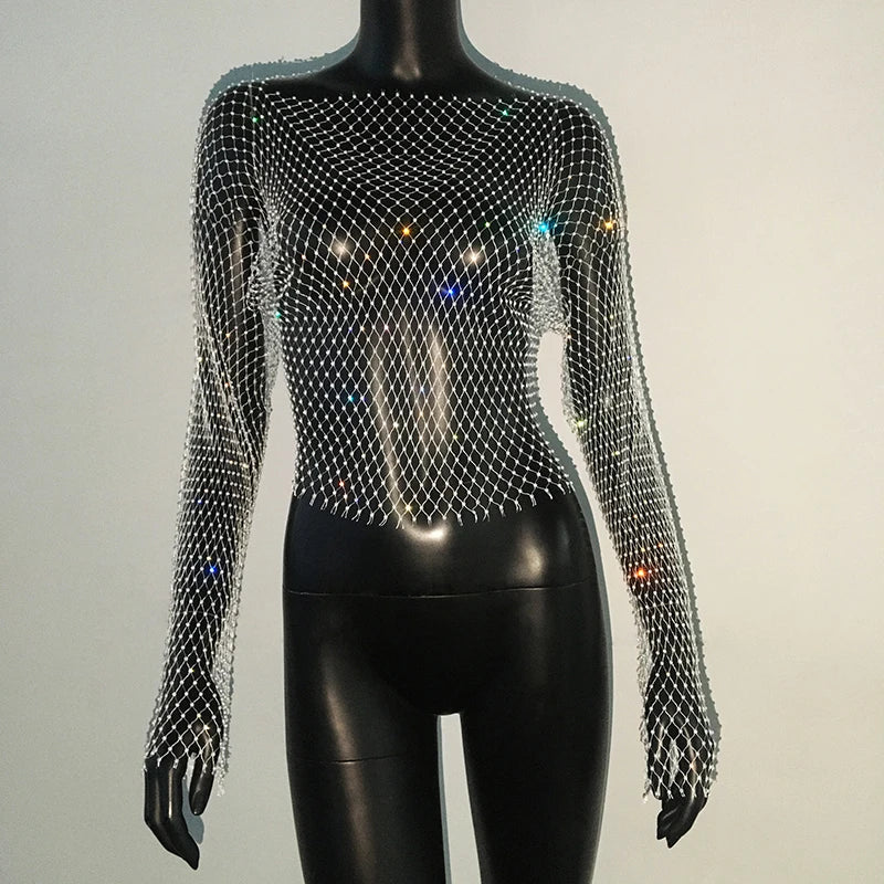 Sexy Rhinestone Mesh See-Through Long Sleeve Crop Top