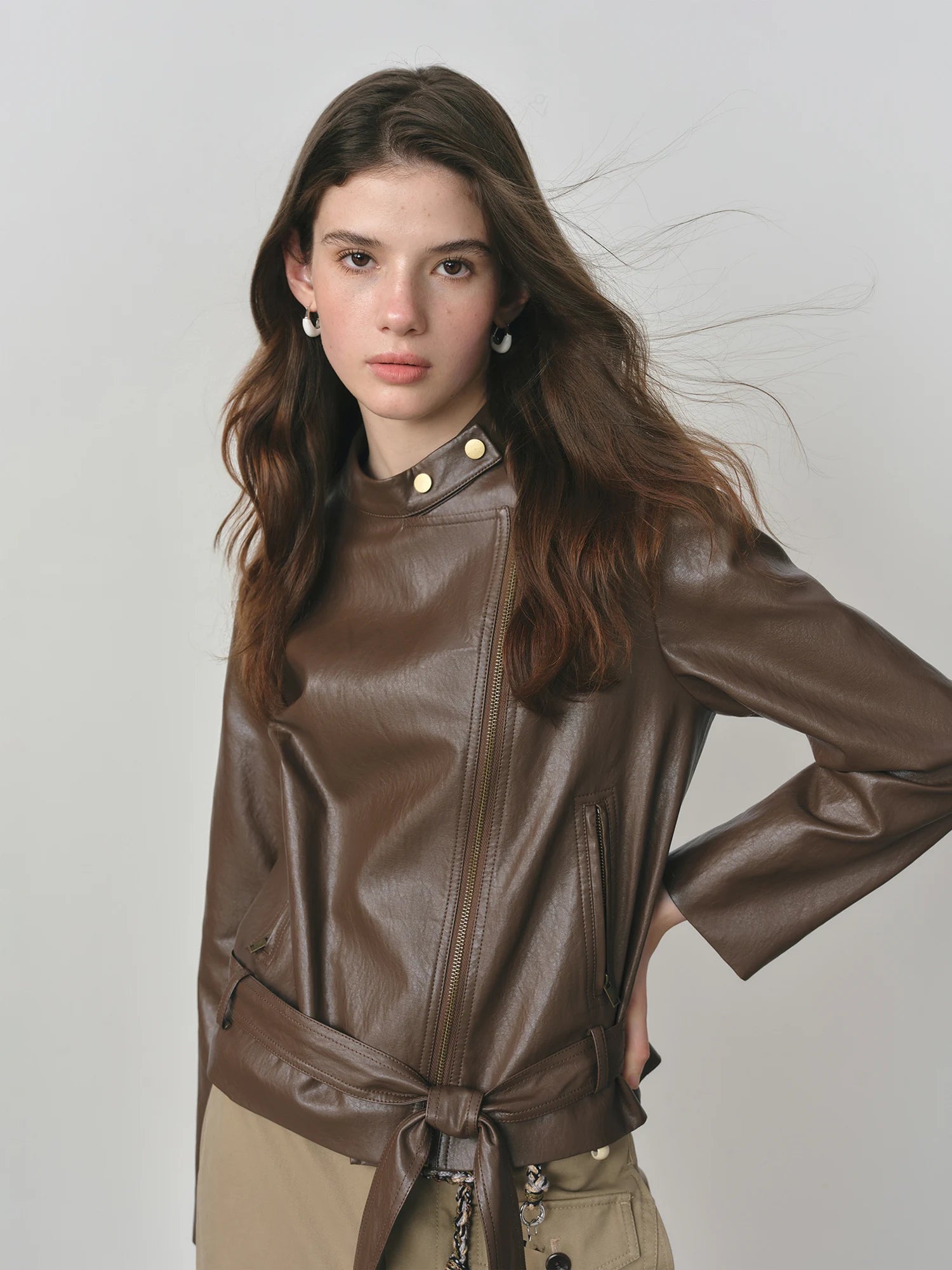 Dark Brown Women’s Slim PU Leather Jacket 