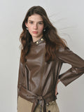 Dark Brown Women’s Slim PU Leather Jacket 